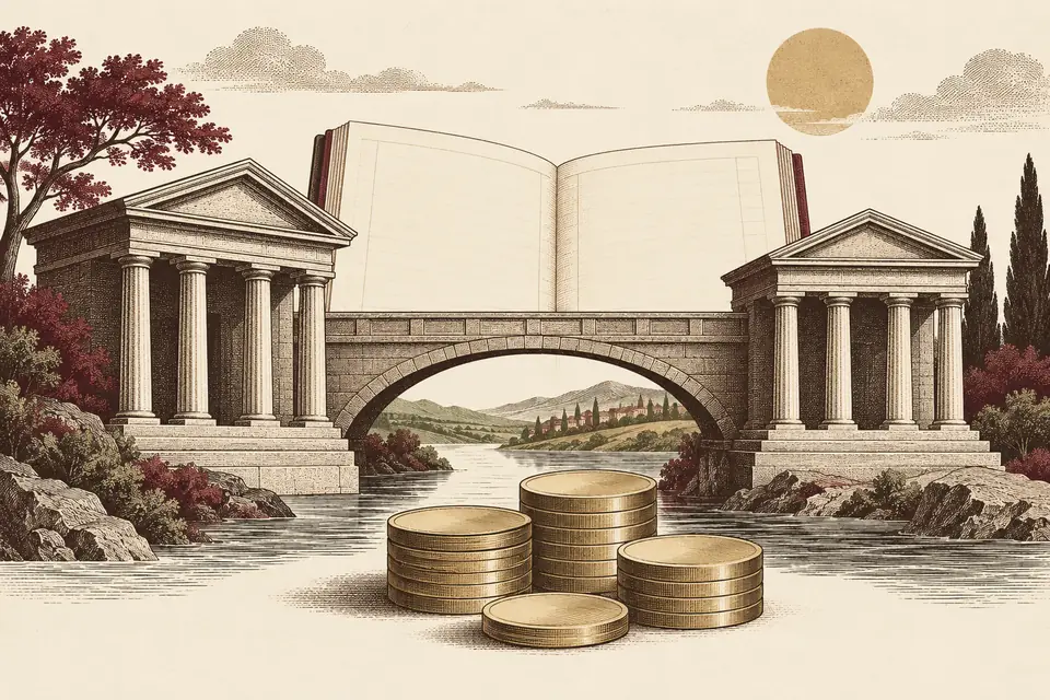 Représentation symbolique des banques et du crédit avec bâtiments à colonnes, pont, registre vierge et pièces sans inscriptions.