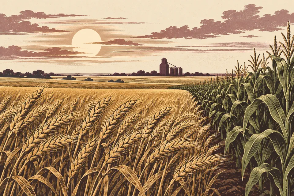 Prairie canadienne symbolique avec céréales mûres, rangée de maïs et silo à grain au loin.