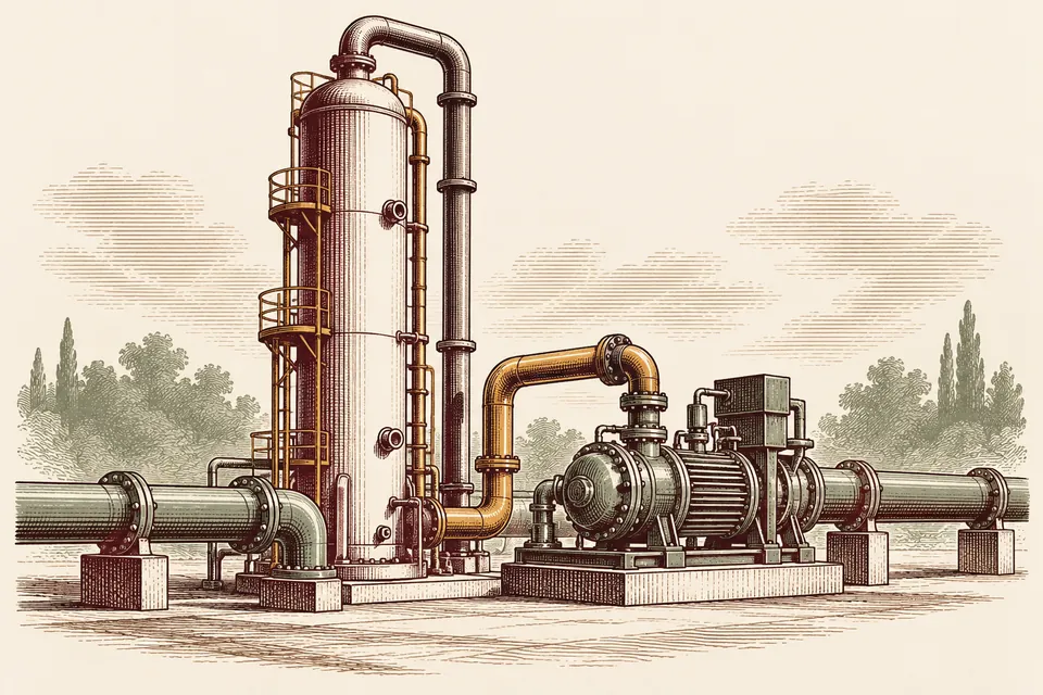 Conceptual carbon-capture and transport equipment with a processing column, compressor and pipes.