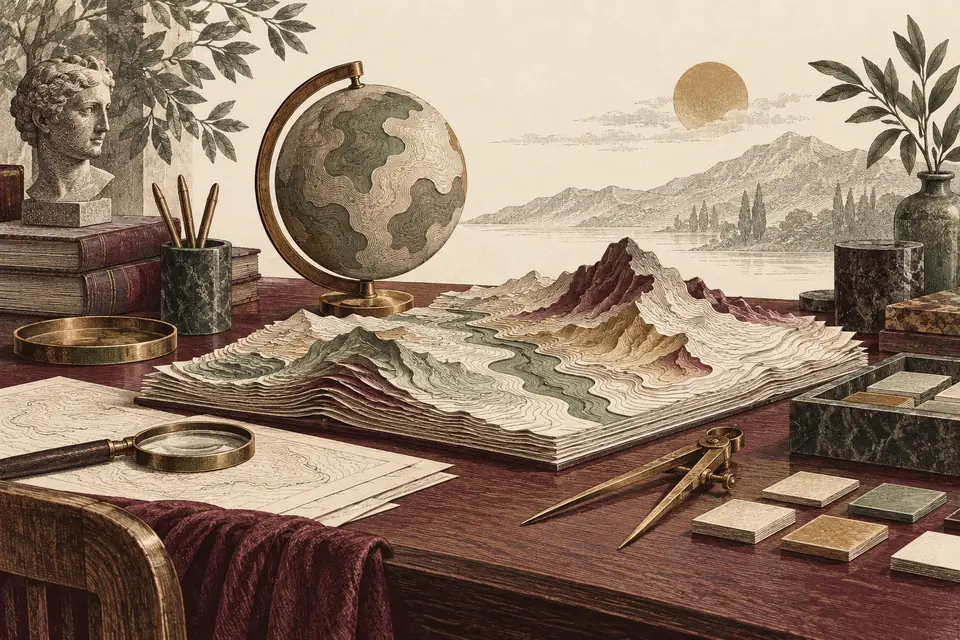 Symbolic data desk with an abstract globe, layered terrain model and measuring instruments.