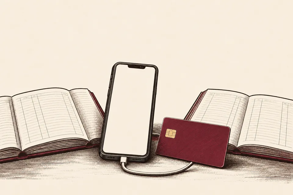 Blank-screen phone, unmarked card and blank payment ledgers.