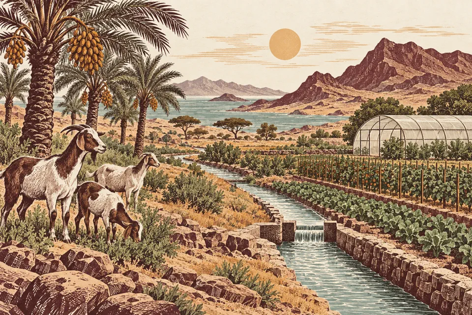 Temsili Boynuz Afrika tarım manzarasında hurma ağaçları, sağlıklı keçiler, sera ve sulama kanalı.