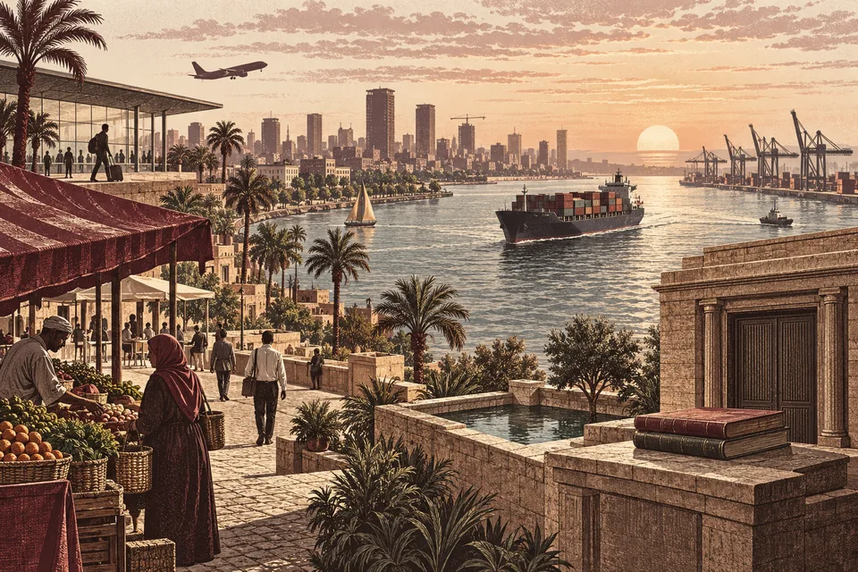 Illustration symbolique de la résilience économique avec un cargo, une ville au bord d’un canal et un registre vierge.