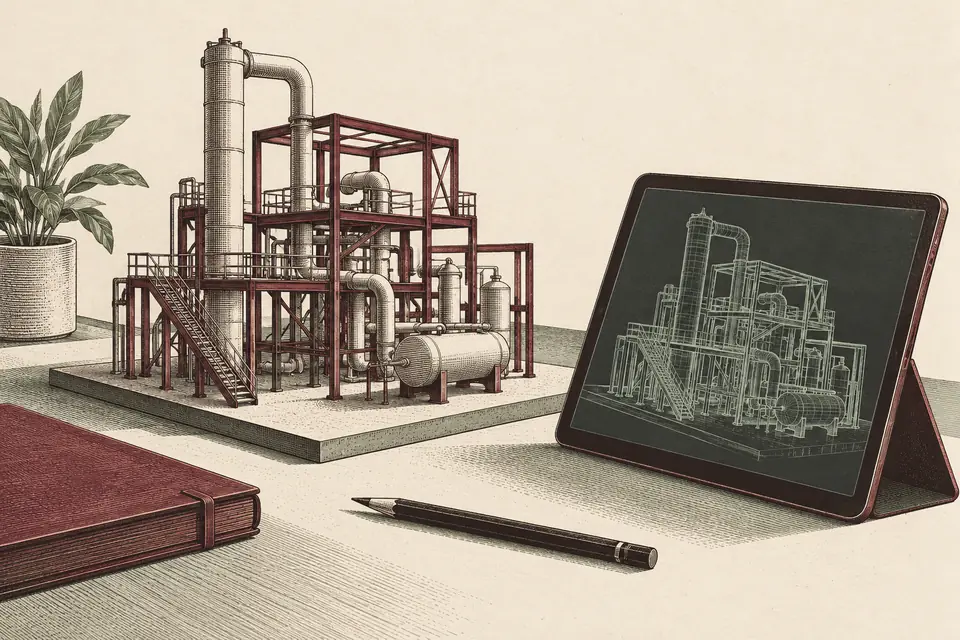 Symbolic engineering model sharing with a plant model and a matching wireframe on a tablet.