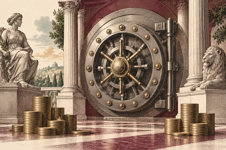 Symbolic financial system with a vault door, columns and unmarked coins.