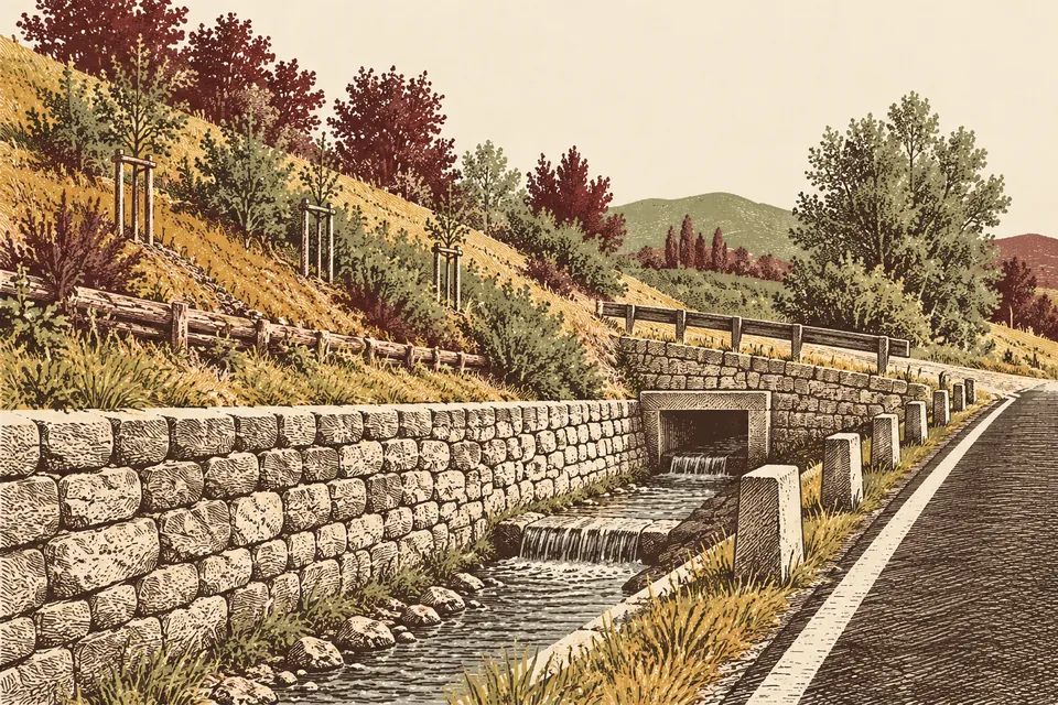 Mesures de protection conceptuelles avec canal de drainage, mur de soutènement en pierre et talus végétalisé.