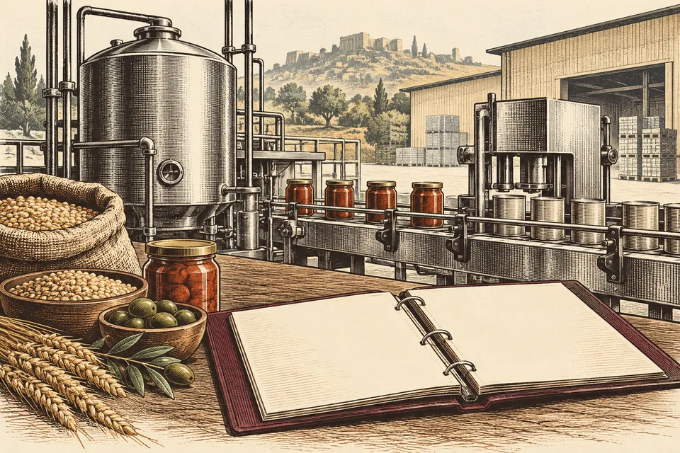 Carpeta de licencia vacía, tanque alimentario, línea de envasado y recipientes de grano ante una silueta antigua imaginaria.