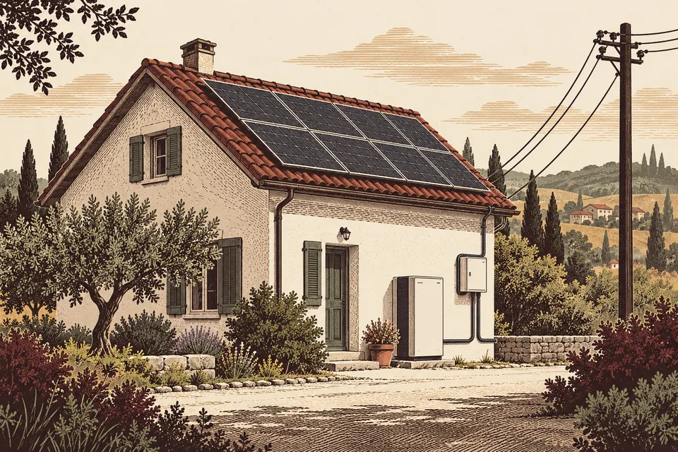 Symbolic detached home with rooftop solar panels, a battery cabinet and a connection to the electricity grid.