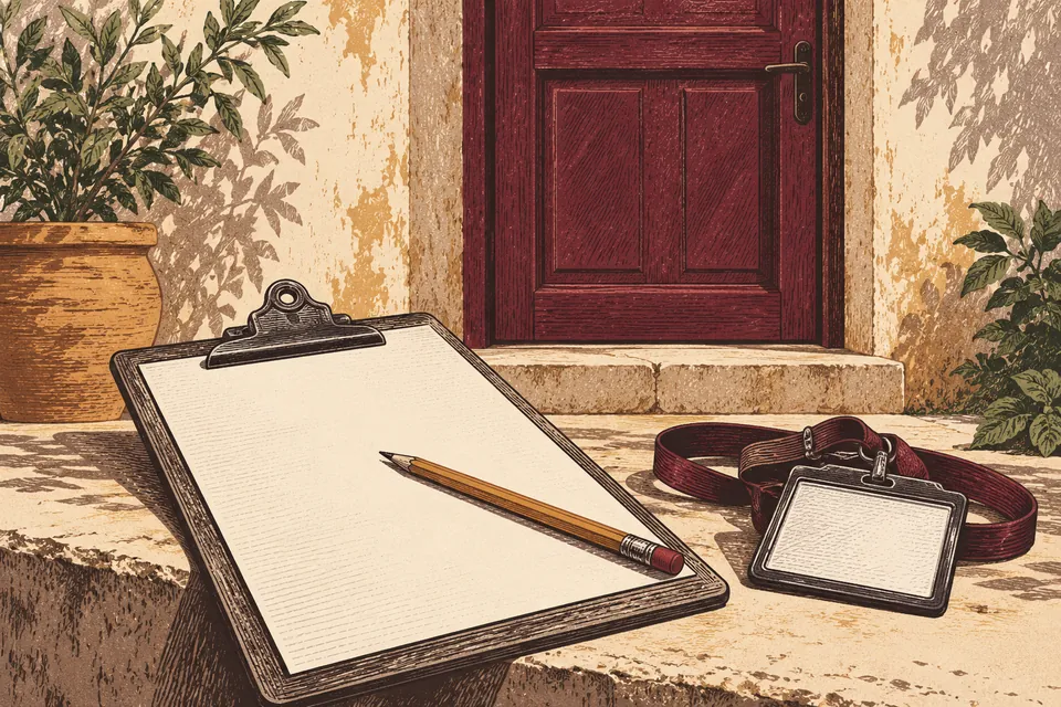 Blank questionnaire clipboard, pencil and unmarked identification holder before a plain home doorway.