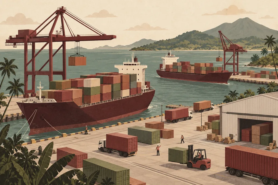 Text-free symbolic illustration of a cargo ship, container cranes and a coastal trading port.