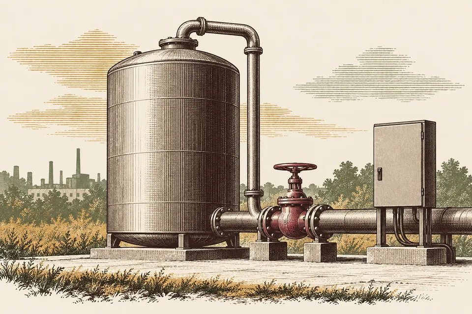 Conceptual industrial-water equipment with a tank, process pipe, valve and plain control cabinet.