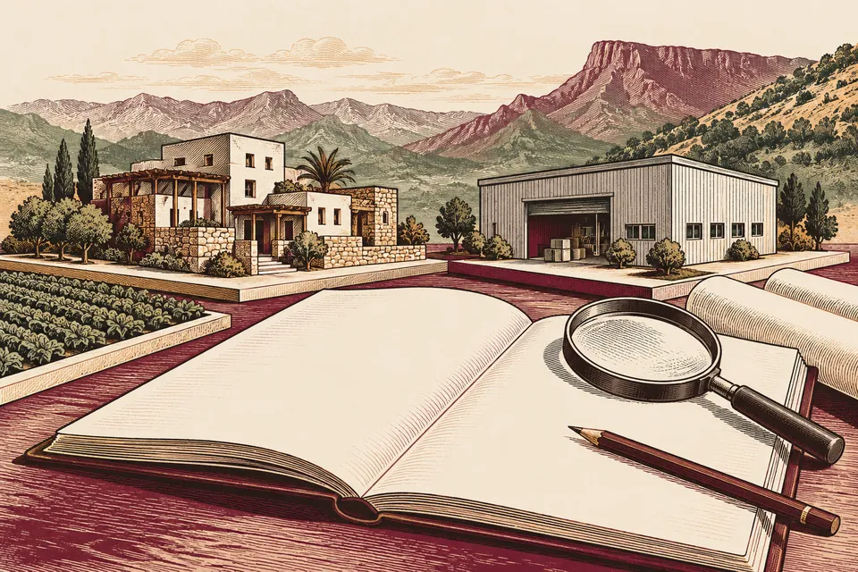 Tourism-building and workshop models, blank feasibility folder, pencil and lens with an imagined mountain backdrop.