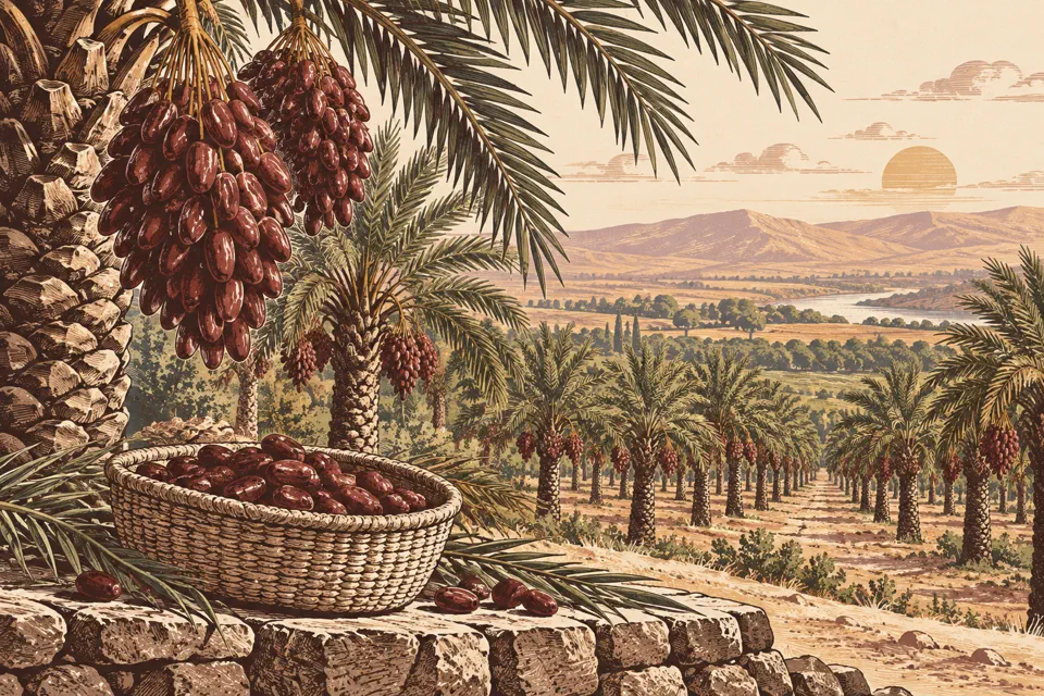 Symbolic Jordan Valley date grove with ripe dates, a woven harvest basket and orderly palm rows.