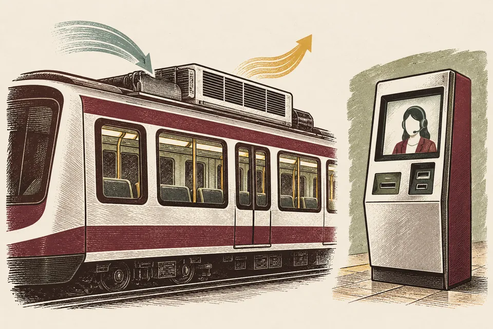 Symbolic metro carriage with a ventilation unit and a separate ticket kiosk showing a generic headset-operator illustration.
