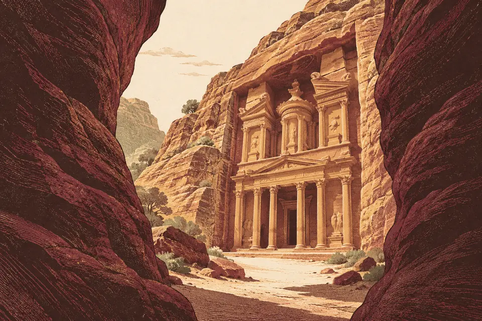 Symbolic facade inspired by Petra’s rock-cut architecture, viewed through a narrow sandstone gorge.