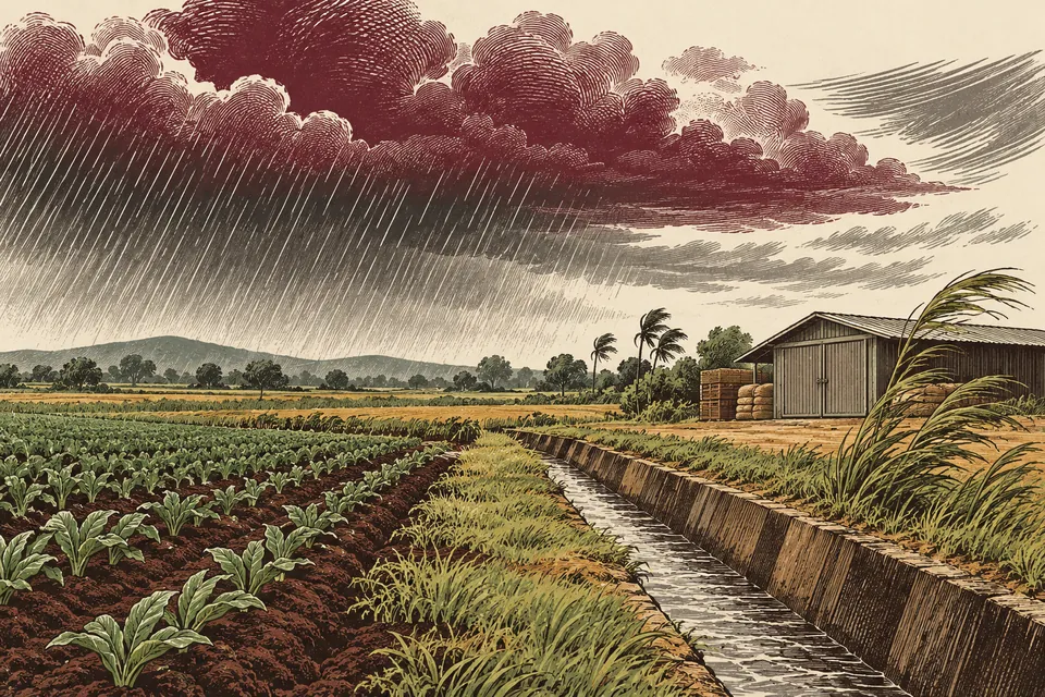 Conceptual field edge with rain clouds, wind-bent grass, clear drainage ditch and closed produce shelter.