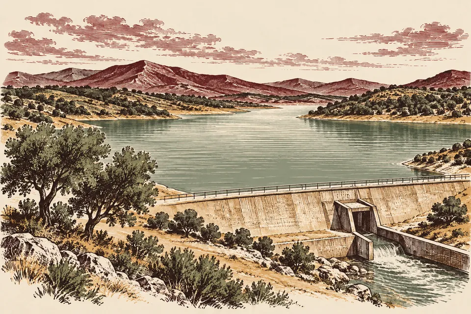 Conceptual water reservoir with an embankment, outlet channel and nearby vegetation.