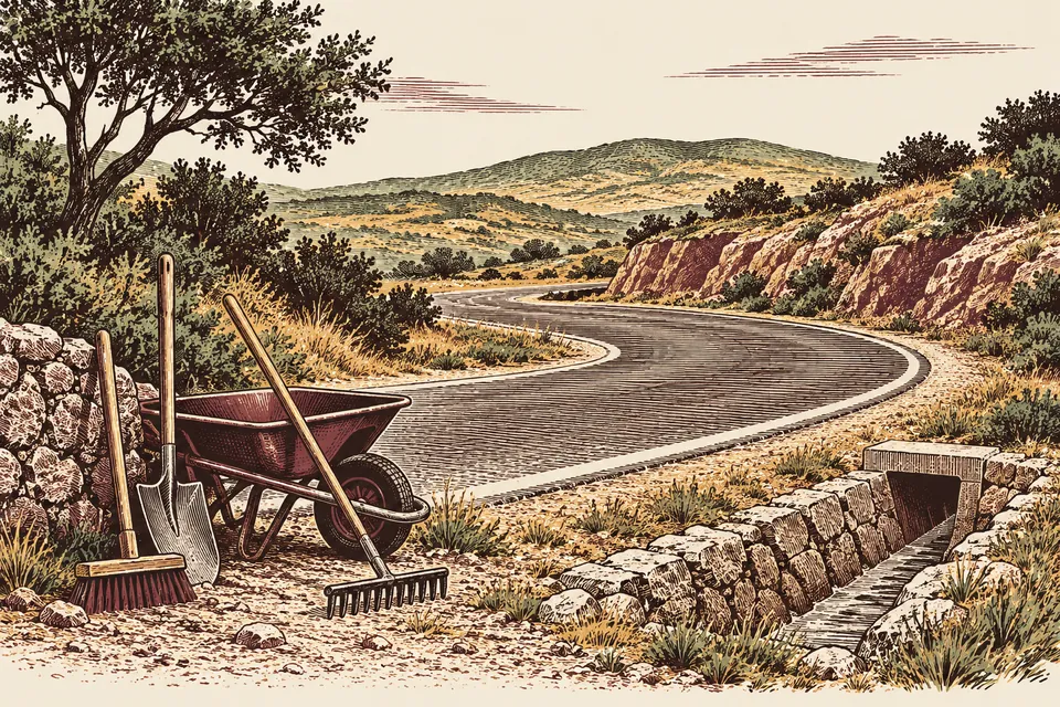 Infraestructura viaria simbólica con una curva sencilla, drenaje lateral y herramientas de mantenimiento.