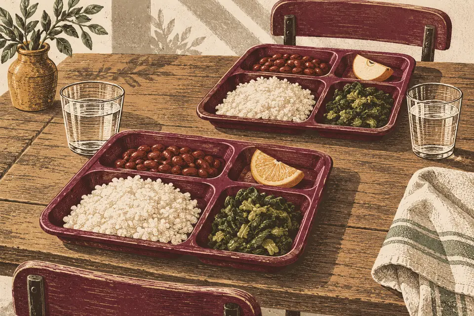 Ilustración simbólica sin texto de dos bandejas con arroz, verduras y fruta, que representa la alimentación escolar.