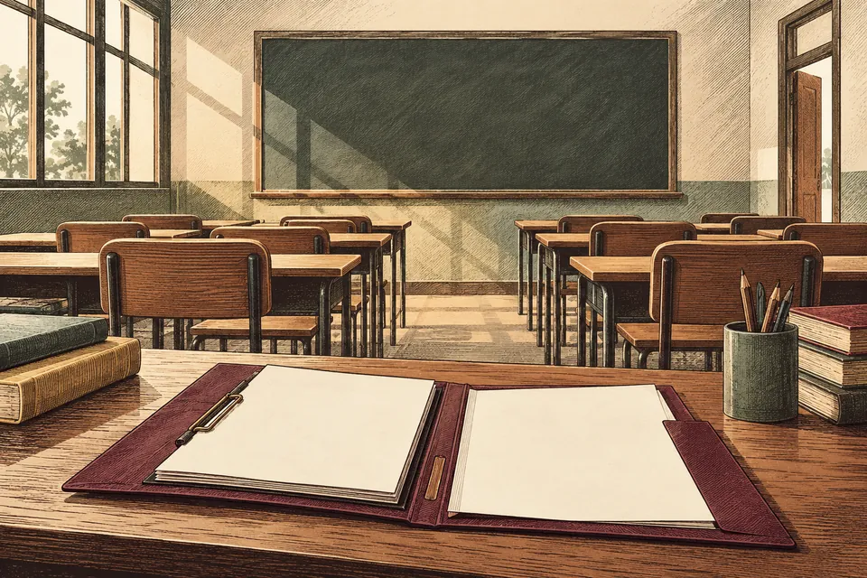 Empty conceptual classroom with plain desks and blank board, with a blank administrative folder in front.