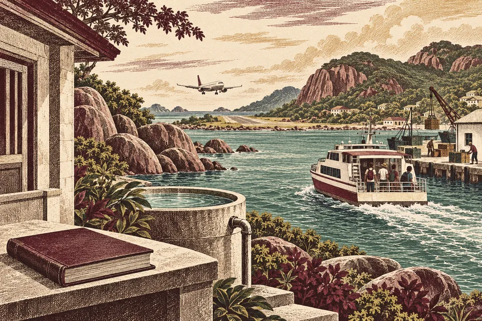Illustration symbolique du tourisme insulaire et des marges économiques avec un port, un bateau de passagers et un registre vierge.