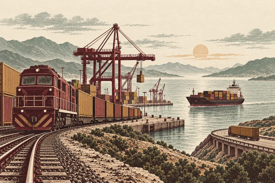 Train de marchandises et navire symboliques sur la côte caspienne, représentant les transports ferroviaire et maritime.