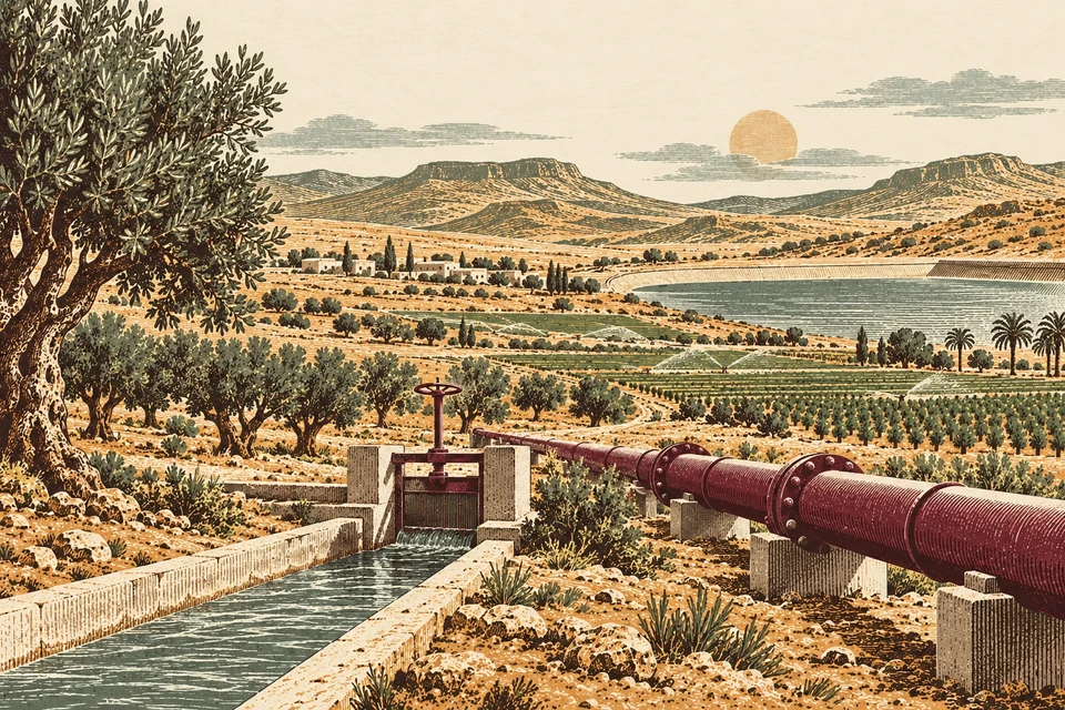 Zeytinlikler ve küçük tarlalar arasında su kanalını gösteren temsili Kuzey Afrika peyzajı.