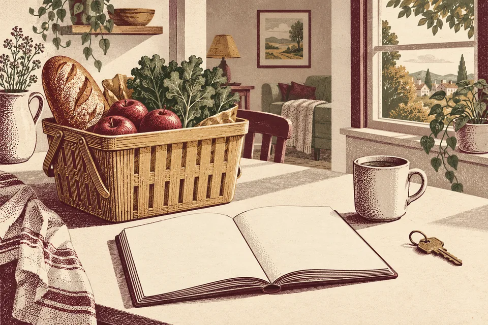 Symbolic household budget scene with a grocery basket, blank ledger and home key.