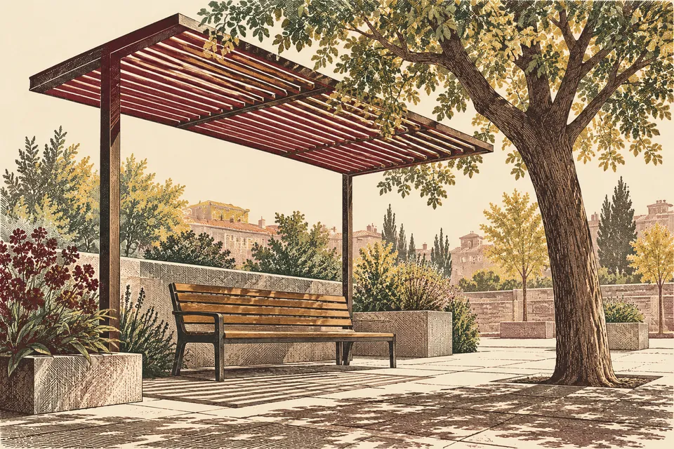Conceptual urban seating area with a bench beneath a tree and a simple shade canopy.