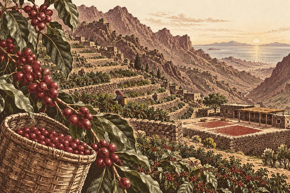 Illustration symbolique de terrasses caféières dans les hauts plateaux de l’ouest du Yémen, de cerises mûres et d’un panier tressé.